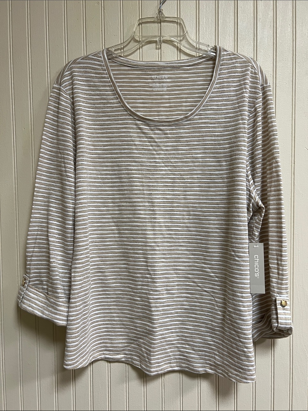 Chico's White, Silver & Sand Striped Scoop-Neck Top